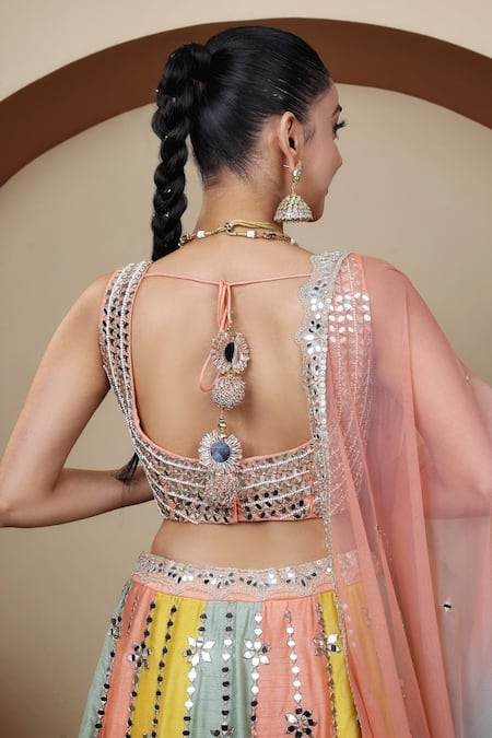 Lasha Multi Color Net, Denim Mirrors, Hand Embroidered Panelled Lehenga Blouse Set Online at Aza Fashions Lasha_Multi Color Net, Denim Mirrors, Hand Embroidered Panelled Lehenga Blouse Set _Online_at_Aza_Fashions
