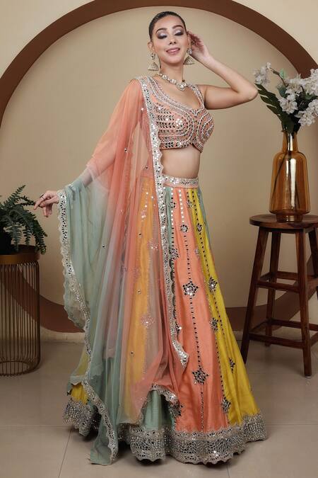 Buy Lasha Multi Color Net, Denim Mirrors, Hand Embroidered Panelled Lehenga Blouse Set Online at Aza Fashions Buy_Lasha_Multi Color Net, Denim Mirrors, Hand Embroidered Panelled Lehenga Blouse Set _Online_at_Aza_Fashions