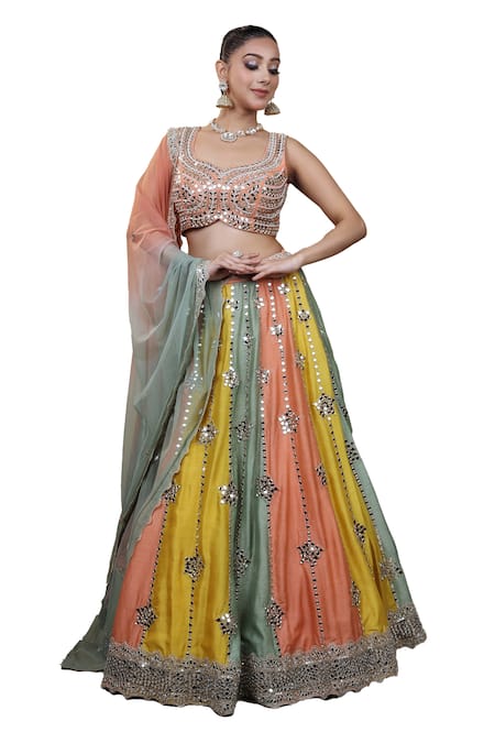 Lasha Multi Color Net, Denim Mirrors, Hand Embroidered Panelled Lehenga Blouse Set at Aza Fashions Lasha_Multi Color Net, Denim Mirrors, Hand Embroidered Panelled Lehenga Blouse Set _at_Aza_Fashions