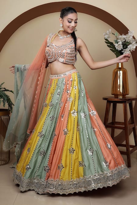 Buy Lasha Multi Color Net, Denim Mirrors, Hand Embroidered Panelled Lehenga Blouse Set Buy_Lasha_Multi Color Net, Denim Mirrors, Hand Embroidered Panelled Lehenga Blouse Set