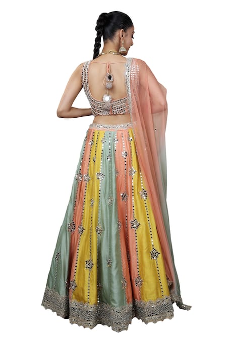 Shop Lasha Multi Color Net, Denim Mirrors, Hand Embroidered Panelled Lehenga Blouse Set Shop_Lasha_Multi Color Net, Denim Mirrors, Hand Embroidered Panelled Lehenga Blouse Set