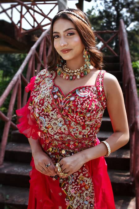 Lasha Fuchsia Organza, Crepe Pearls, Cut Thread Hand Embroidered Blouse Lehenga Set Online at Aza Fashions Lasha_Fuchsia Organza, Crepe Pearls, Cut Thread Hand Embroidered Blouse Lehenga Set _Online_at_Aza_Fashions