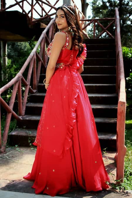 Shop Lasha Fuchsia Organza, Crepe Pearls, Cut Thread Hand Embroidered Blouse Lehenga Set at Aza Fashions Shop_Lasha_Fuchsia Organza, Crepe Pearls, Cut Thread Hand Embroidered Blouse Lehenga Set _at_Aza_Fashions