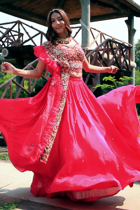 Lasha Fuchsia Organza, Crepe Pearls, Cut Thread Hand Embroidered Blouse Lehenga Set at Aza Fashions Lasha_Fuchsia Organza, Crepe Pearls, Cut Thread Hand Embroidered Blouse Lehenga Set _at_Aza_Fashions