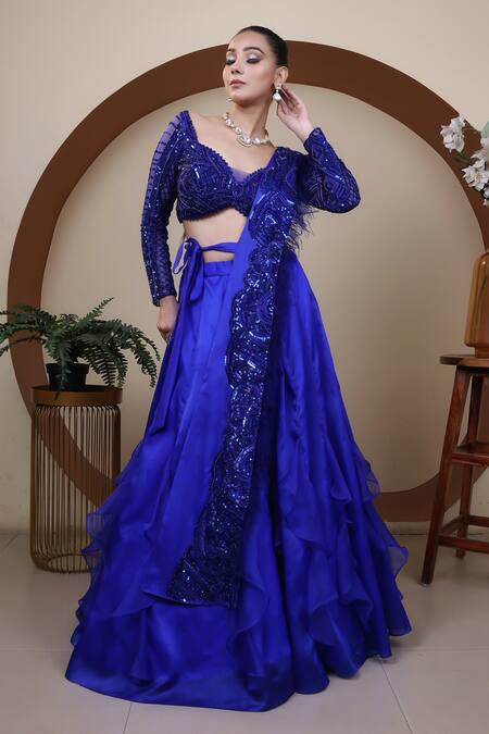 Shop Lasha Blue Satin, Organza, Tulle Beads, Ruffle Lehenga With Embroidered Blouse Set Online at Aza Fashions Shop_Lasha_Blue Satin, Organza, Tulle Beads, Ruffle Lehenga With Embroidered Blouse Set _Online_at_Aza_Fashions
