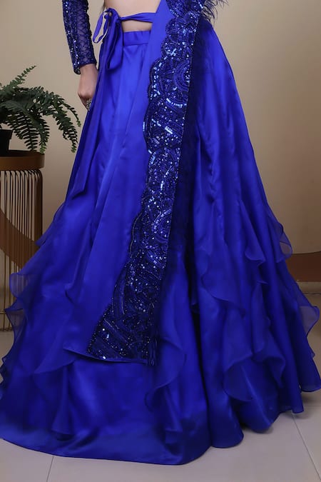 Lasha Blue Satin, Organza, Tulle Beads, Ruffle Lehenga With Embroidered Blouse Set at Aza Fashions Lasha_Blue Satin, Organza, Tulle Beads, Ruffle Lehenga With Embroidered Blouse Set _at_Aza_Fashions