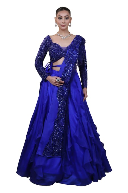 Buy Lasha Blue Satin, Organza, Tulle Beads, Ruffle Lehenga With Embroidered Blouse Set Buy_Lasha_Blue Satin, Organza, Tulle Beads, Ruffle Lehenga With Embroidered Blouse Set
