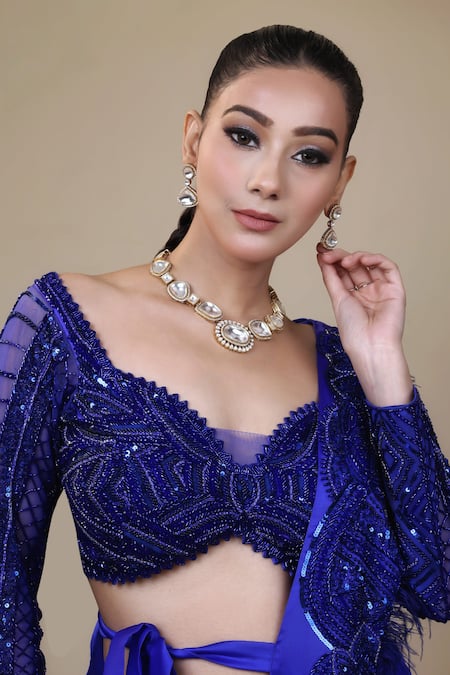 Shop Lasha Blue Satin, Organza, Tulle Beads, Ruffle Lehenga With Embroidered Blouse Set Shop_Lasha_Blue Satin, Organza, Tulle Beads, Ruffle Lehenga With Embroidered Blouse Set