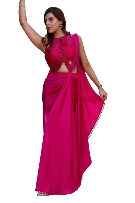 Lasha_Pink Tulle, Silk Cut Work, Beads High Front Slit Pre-draped Saree With Blouse _Online_at_Aza_Fashions