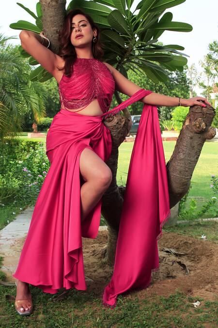Lasha_Pink Tulle, Silk Cut Work, Beads High Front Slit Pre-draped Saree With Blouse _at_Aza_Fashions