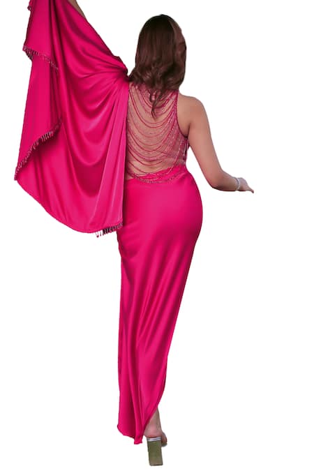 Buy_Lasha_Pink Tulle, Silk Cut Work, Beads High Front Slit Pre-draped Saree With Blouse 