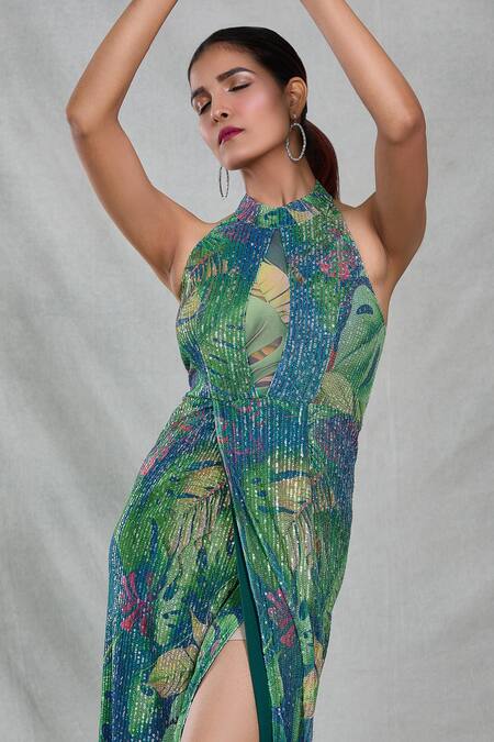 Samyukta Singhania Multi Color Lycra, Cotton, Polyester Sequins Printed And Embroidered Dress at Aza Fashions Samyukta Singhania_Multi Color Lycra, Cotton, Polyester Sequins Printed And Embroidered Dress_at_Aza_Fashions