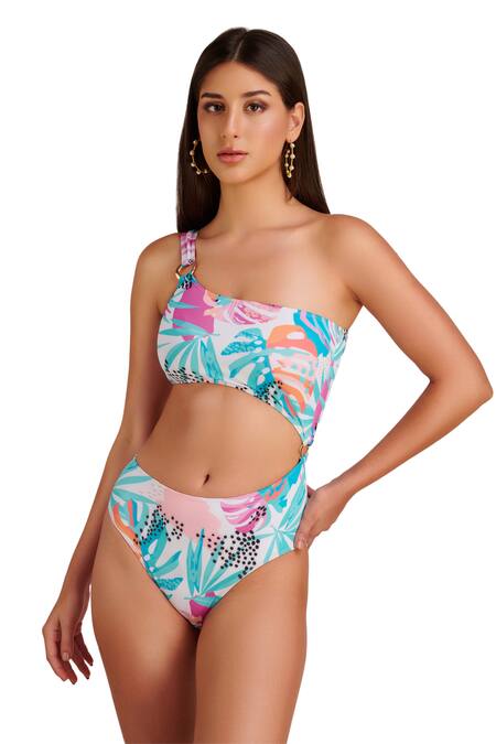 Kai Resortwear Blue Polyamide, Lycra One Shoulder Lush Tropical Print Monokini Online at Aza Fashions Kai Resortwear_Blue Polyamide, Lycra One Shoulder Lush Tropical Print Monokini _Online_at_Aza_Fashions