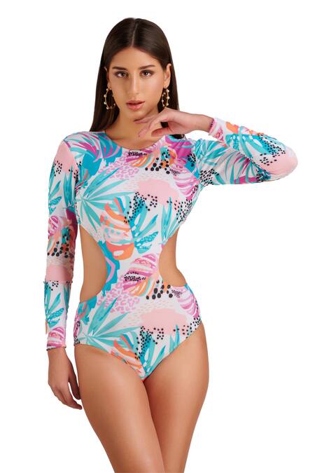 Kai Resortwear_Blue Polyamide, Spandex Round Neck Lush Tropical Print Monokini _Online_at_Aza_Fashions