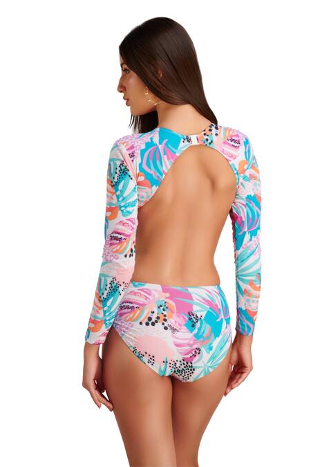 Buy_Kai Resortwear_Blue Polyamide, Spandex Round Neck Lush Tropical Print Monokini _Online_at_Aza_Fashions