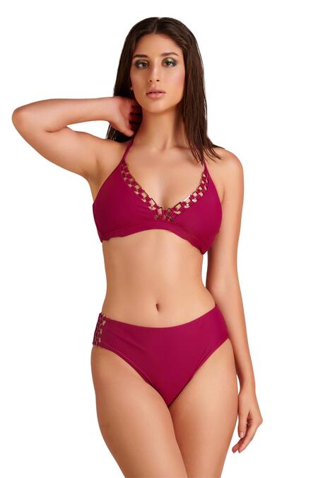 Kai Resortwear_Purple Polyamide, Lycra Halter Neck Solid Bikini Set _Online_at_Aza_Fashions