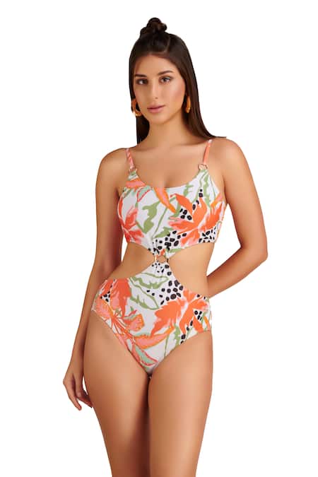 Kai Resortwear_Orange Polyamide, Lycra Round Neck Autumn Tropical Print Monokini _Online_at_Aza_Fashions