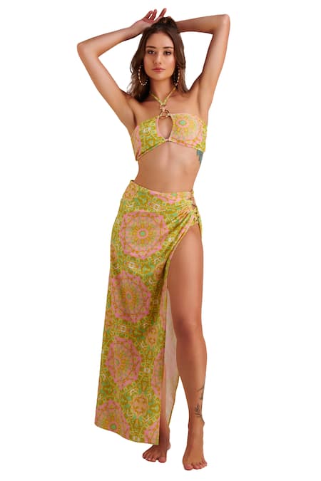 Shop Kai Resortwear Yellow Polyester, Spandex Halter Neck Tropical Floral Printed Bikini Set Online at Aza Fashions Shop_Kai Resortwear_Yellow Polyester, Spandex Halter Neck Tropical Floral Printed Bikini Set _Online_at_Aza_Fashions