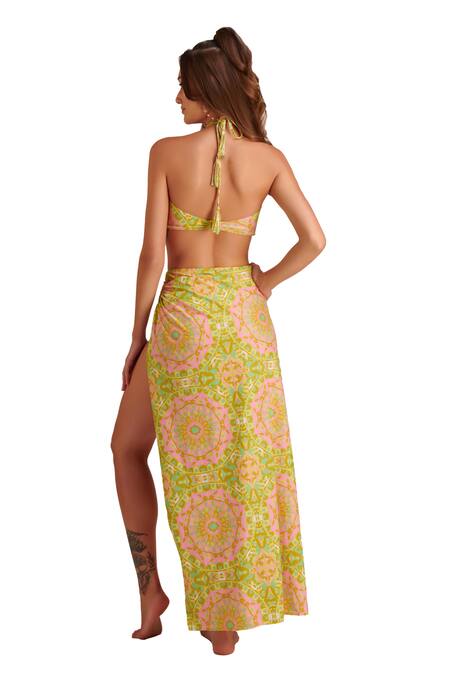 Kai Resortwear Yellow Polyester, Spandex Halter Neck Tropical Floral Printed Bikini Set at Aza Fashions Kai Resortwear_Yellow Polyester, Spandex Halter Neck Tropical Floral Printed Bikini Set _at_Aza_Fashions