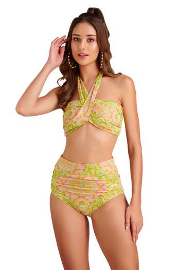 Kai Resortwear_Yellow Polyamide, Lycra Halter Neck Vintage Floral Print Bikini Set _Online_at_Aza_Fashions