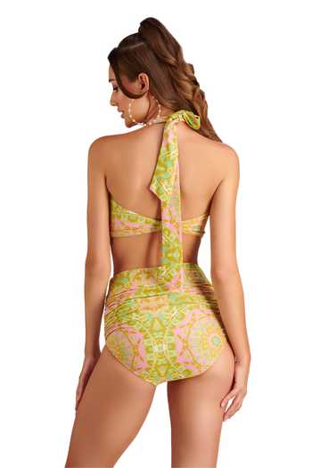 Buy_Kai Resortwear_Yellow Polyamide, Lycra Halter Neck Vintage Floral Print Bikini Set _Online_at_Aza_Fashions