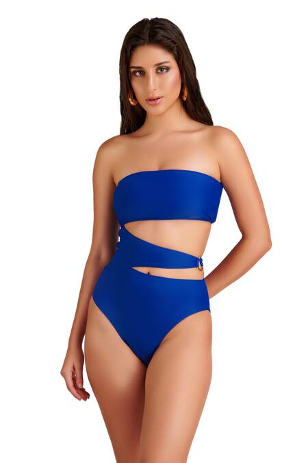 Buy_Kai Resortwear_Blue Polyamide, Polyester Bandeau Neck Solid Sleeveless Monokini With Sarong _Online_at_Aza_Fashions