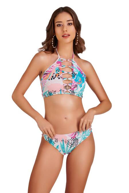Buy_Kai Resortwear_Blue Polyamide, Polyester, Lycra Halter Lush Print Criss Cross Panel Bikini Set _Online_at_Aza_Fashions