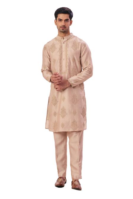 Taroob Beige Silk, Cotton Embroidery Heritage Paisley Kurta Set Online at Aza Fashions Taroob_Beige Silk, Cotton Embroidery Heritage Paisley Kurta Set_Online_at_Aza_Fashions