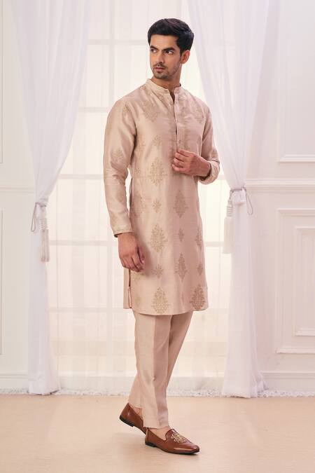 Shop Taroob Beige Silk, Cotton Embroidery Heritage Paisley Kurta Set Online at Aza Fashions Shop_Taroob_Beige Silk, Cotton Embroidery Heritage Paisley Kurta Set_Online_at_Aza_Fashions