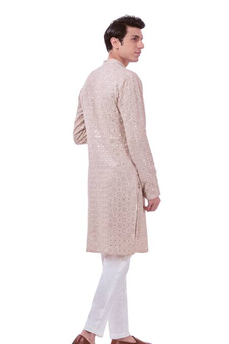 Taroob_Beige Silk, Cotton Embroidery Bling Chikankari Kurta Set_Online_at_Aza_Fashions