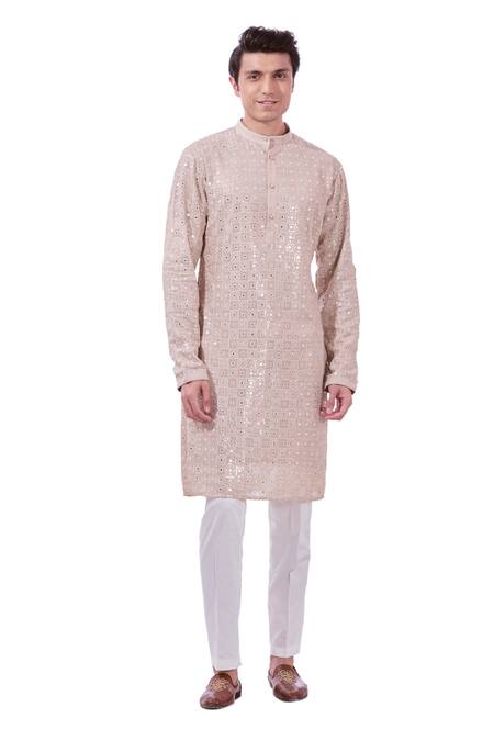 Buy_Taroob_Beige Silk, Cotton Embroidery Bling Chikankari Kurta Set_Online_at_Aza_Fashions