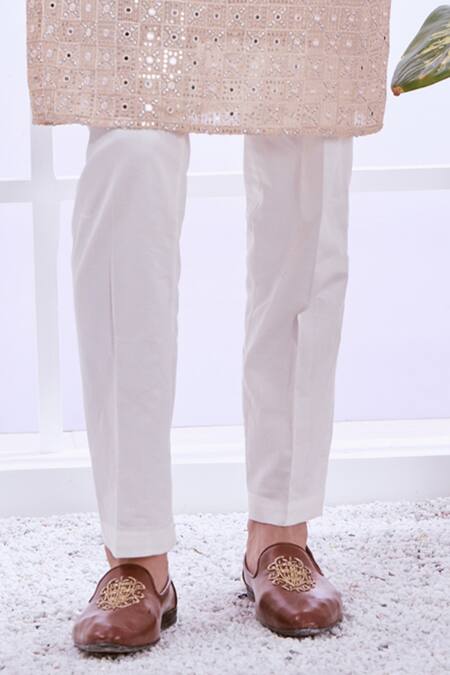 Shop_Taroob_Beige Silk, Cotton Embroidery Bling Chikankari Kurta Set_Online_at_Aza_Fashions