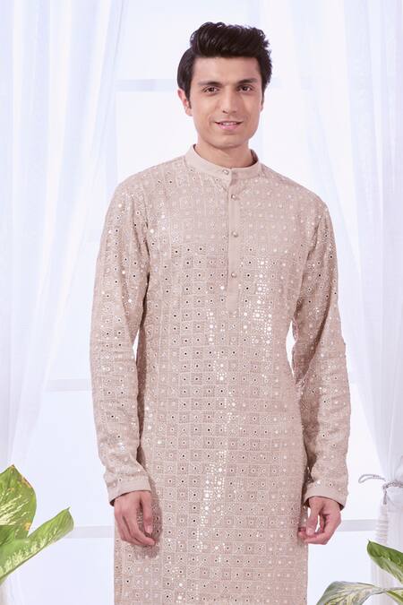 Taroob_Beige Silk, Cotton Embroidery Bling Chikankari Kurta Set_at_Aza_Fashions