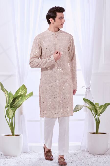 Buy_Taroob_Beige Silk, Cotton Embroidery Bling Chikankari Kurta Set