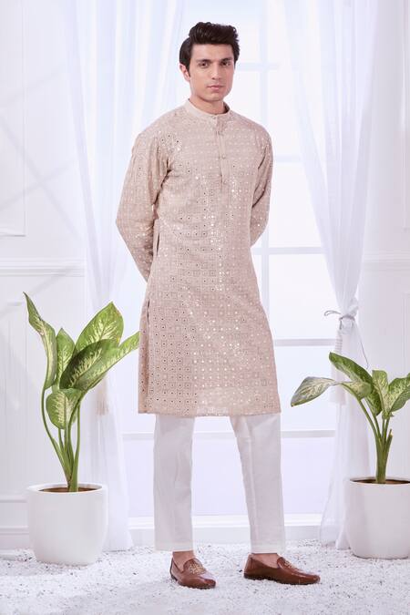 Shop_Taroob_Beige Silk, Cotton Embroidery Bling Chikankari Kurta Set