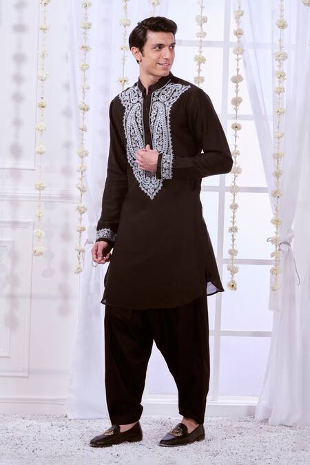 Taroob Black Silk, Cotton Embroidery Bold Paisley Dori Work Kurta Set Online at Aza Fashions Taroob_Black Silk, Cotton Embroidery Bold Paisley Dori Work Kurta Set _Online_at_Aza_Fashions
