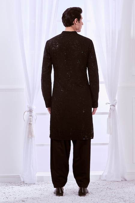 Shop Taroob Black Silk Embroidered Floral Safari Chikankari Kurta Set at Aza Fashions Shop_Taroob_Black Silk Embroidered Floral Safari Chikankari Kurta Set _at_Aza_Fashions