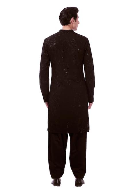 Taroob Black Silk Embroidered Floral Safari Chikankari Kurta Set Online at Aza Fashions Taroob_Black Silk Embroidered Floral Safari Chikankari Kurta Set _Online_at_Aza_Fashions