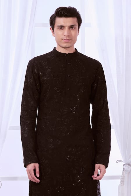 Shop Taroob Black Silk Embroidered Floral Safari Chikankari Kurta Set Online at Aza Fashions Shop_Taroob_Black Silk Embroidered Floral Safari Chikankari Kurta Set _Online_at_Aza_Fashions