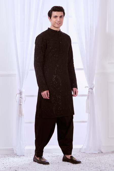 Buy Taroob Black Silk Embroidered Floral Safari Chikankari Kurta Set Buy_Taroob_Black Silk Embroidered Floral Safari Chikankari Kurta Set