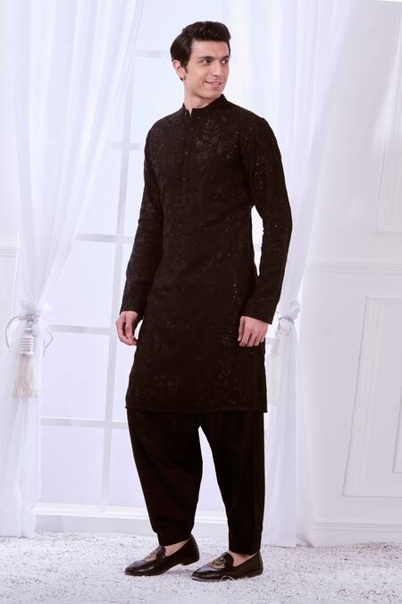 Shop Taroob Black Silk Embroidered Floral Safari Chikankari Kurta Set Shop_Taroob_Black Silk Embroidered Floral Safari Chikankari Kurta Set