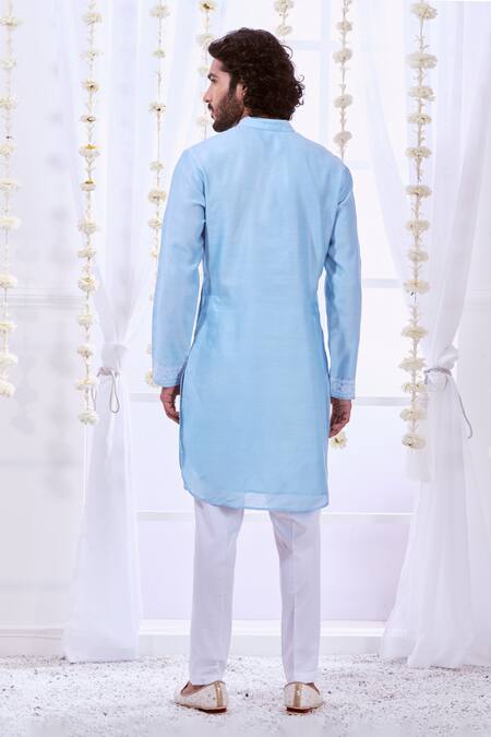 Shop_Taroob_Blue Silk Embroidered Paisley Dori Kurta Set _at_Aza_Fashions