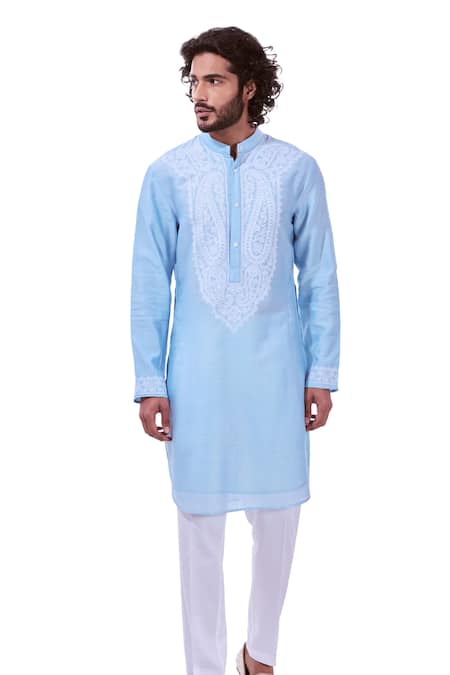 Taroob_Blue Silk Embroidered Paisley Dori Kurta Set _Online_at_Aza_Fashions