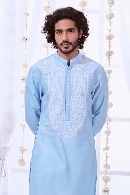 Taroob_Blue Silk Embroidered Paisley Dori Kurta Set _at_Aza_Fashions