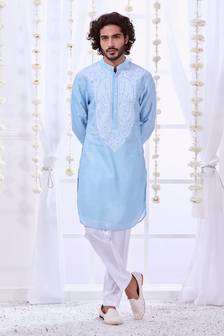 Buy_Taroob_Blue Silk Embroidered Paisley Dori Kurta Set 