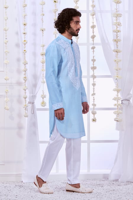 Shop_Taroob_Blue Silk Embroidered Paisley Dori Kurta Set 