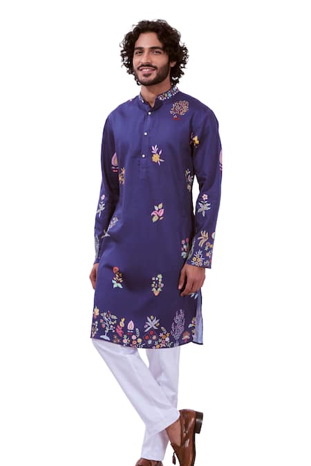 Taroob_Multi Color Silk, Cotton Embroidery Nizam Kalamkari Print Kurta Set _Online_at_Aza_Fashions