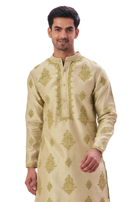 Taroob Green Silk, Cotton Embroidery Heritage Paisley Kurta Set Online at Aza Fashions Taroob_Green Silk, Cotton Embroidery Heritage Paisley Kurta Set_Online_at_Aza_Fashions