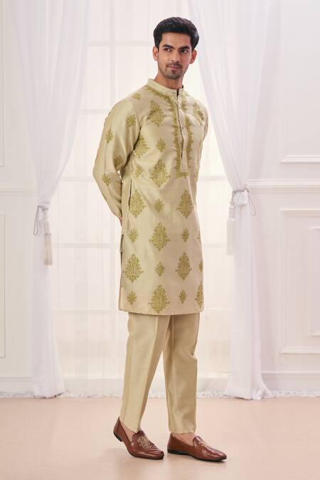 Shop Taroob Green Silk, Cotton Embroidery Heritage Paisley Kurta Set Online at Aza Fashions Shop_Taroob_Green Silk, Cotton Embroidery Heritage Paisley Kurta Set_Online_at_Aza_Fashions