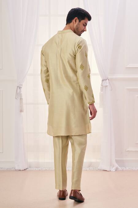 Shop Taroob Green Silk, Cotton Embroidery Heritage Paisley Kurta Set Shop_Taroob_Green Silk, Cotton Embroidery Heritage Paisley Kurta Set